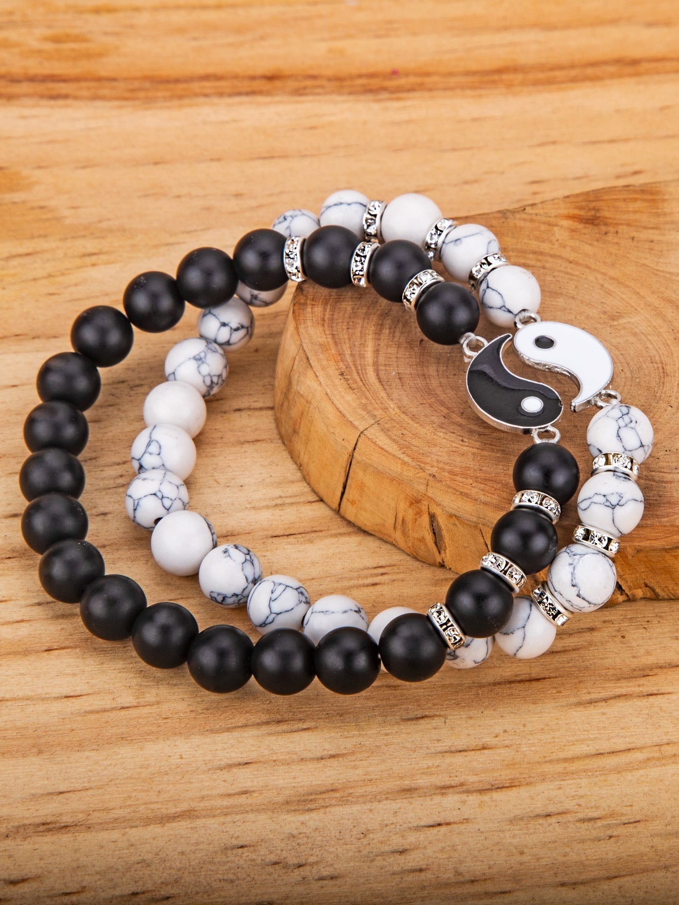 Yin and Yang Design Bead Bracelet 2 Pieces