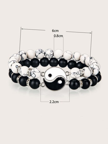 Yin and Yang Design Bead Bracelet 2 Pieces