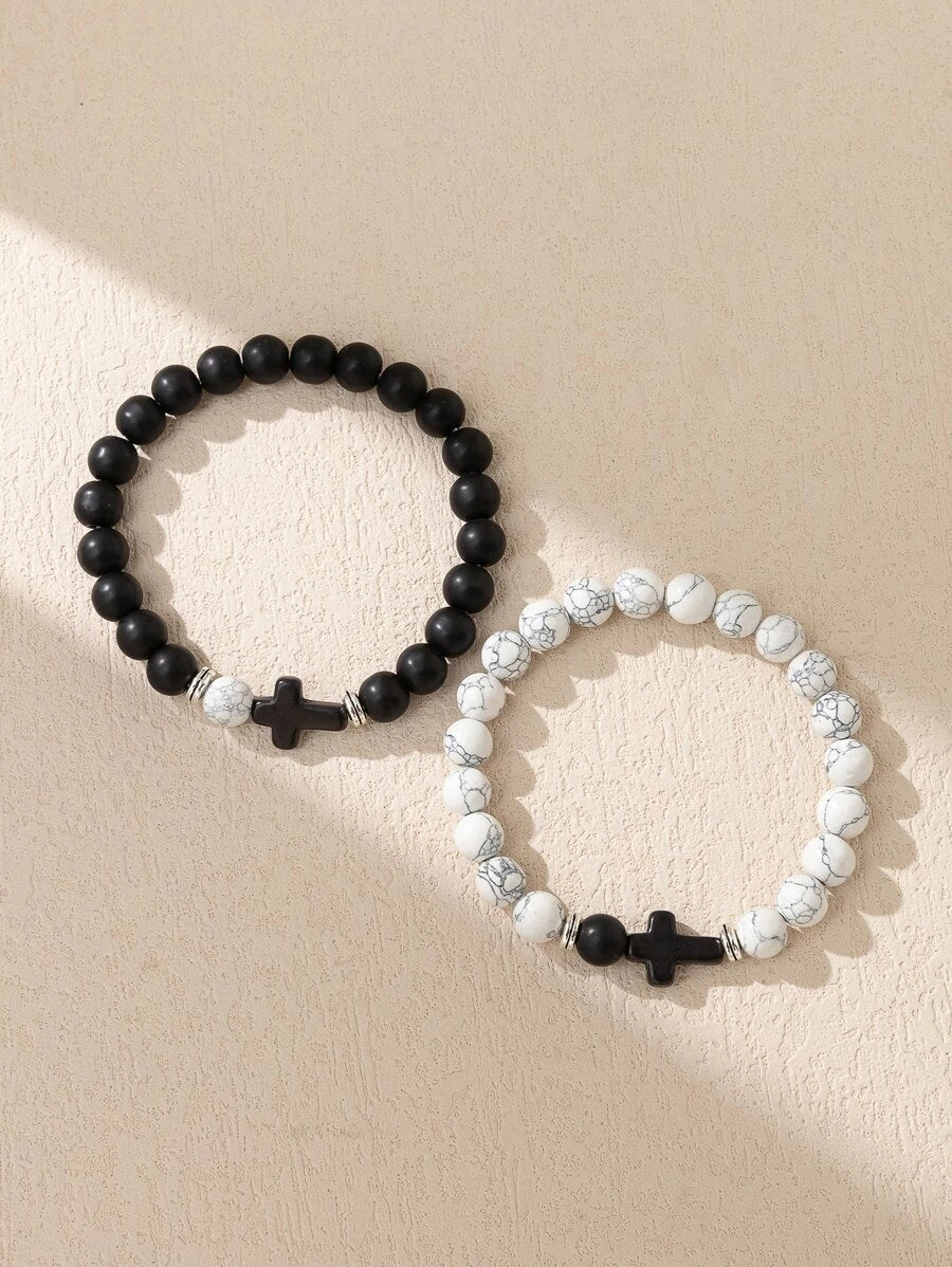 2-piece bracelet with bead for couples cross decoration