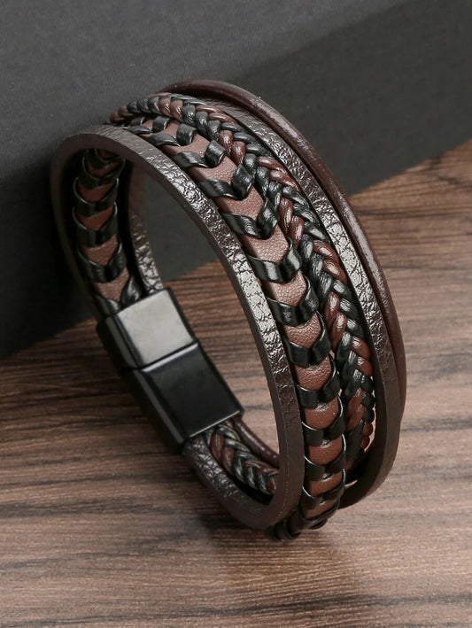 Brown braided layered bracelet with magnetic closure