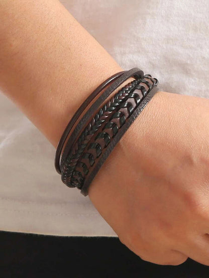 Brown braided layered bracelet with magnetic closure