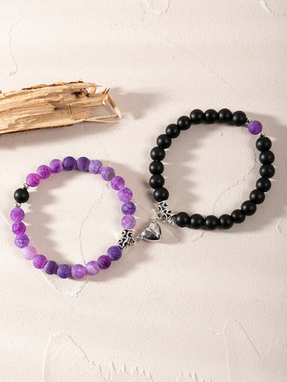 Pulsera con cuenta para parejas magnético con adorno de corazón negro y morado