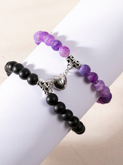 Pulsera con cuenta para parejas magnético con adorno de corazón negro y morado