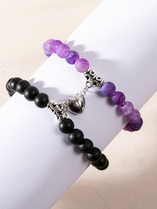 Magnetic Couples Bead Bracelet with Black and Purple Heart Embellishment