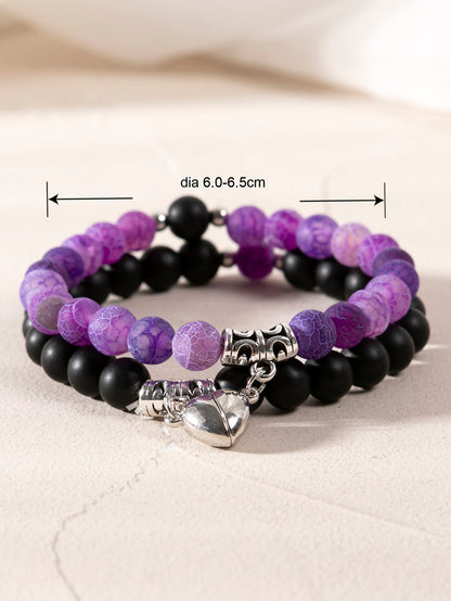 Magnetic Couples Bead Bracelet with Black and Purple Heart Embellishment