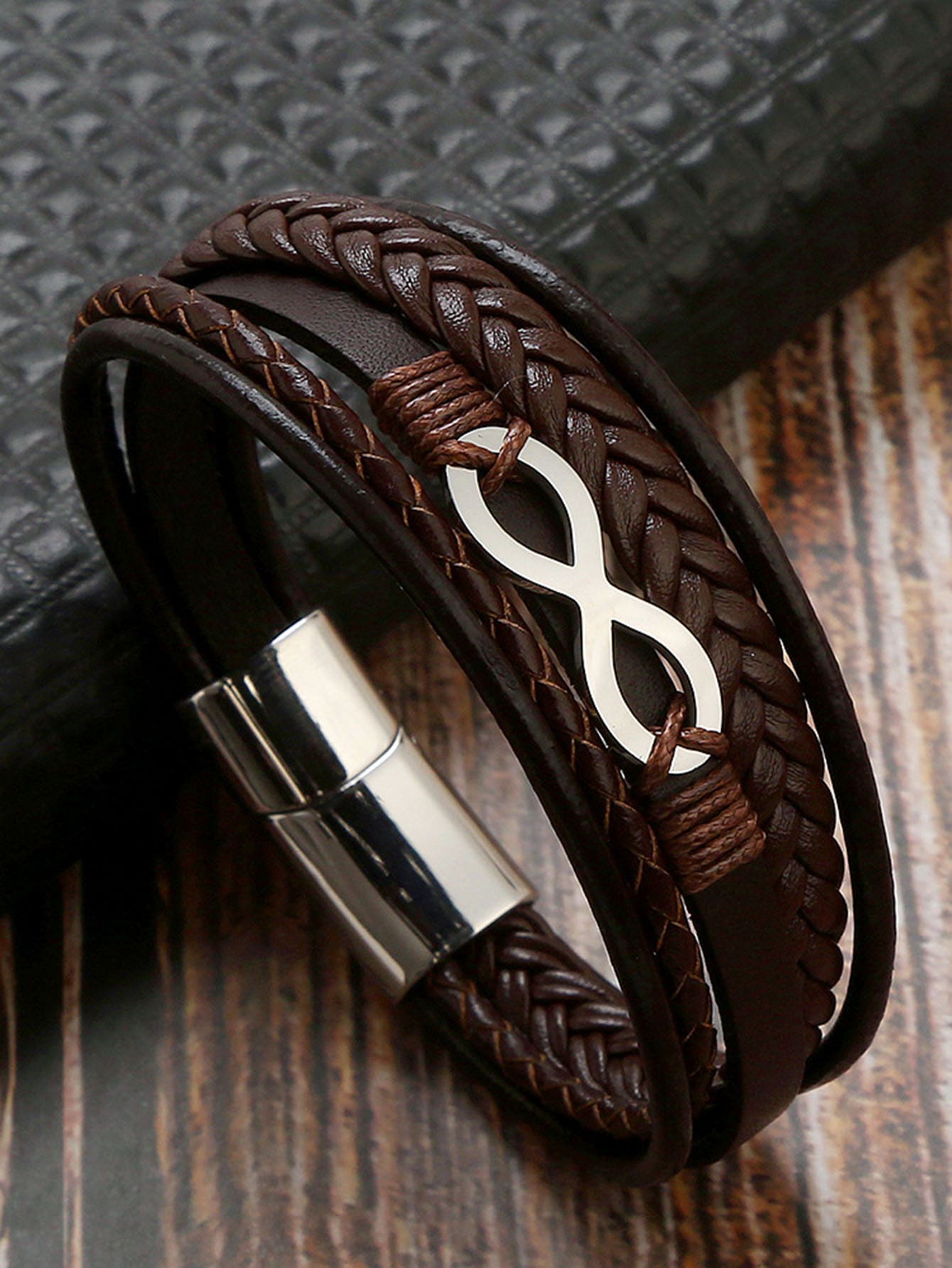 Infinity symbol layered bracelet brown/chocolate and silver
