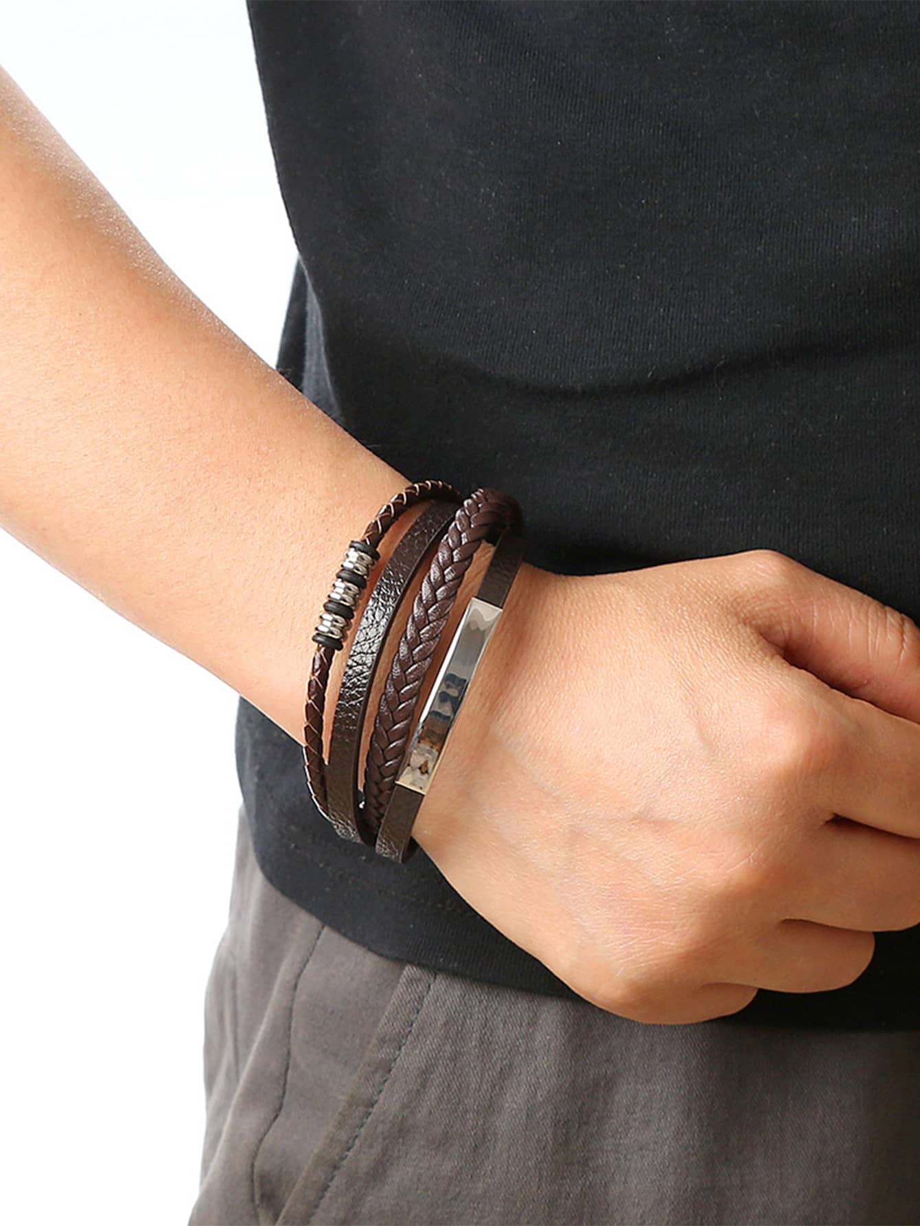 Pulsera trenzada a capas marron/chocolate con plateado