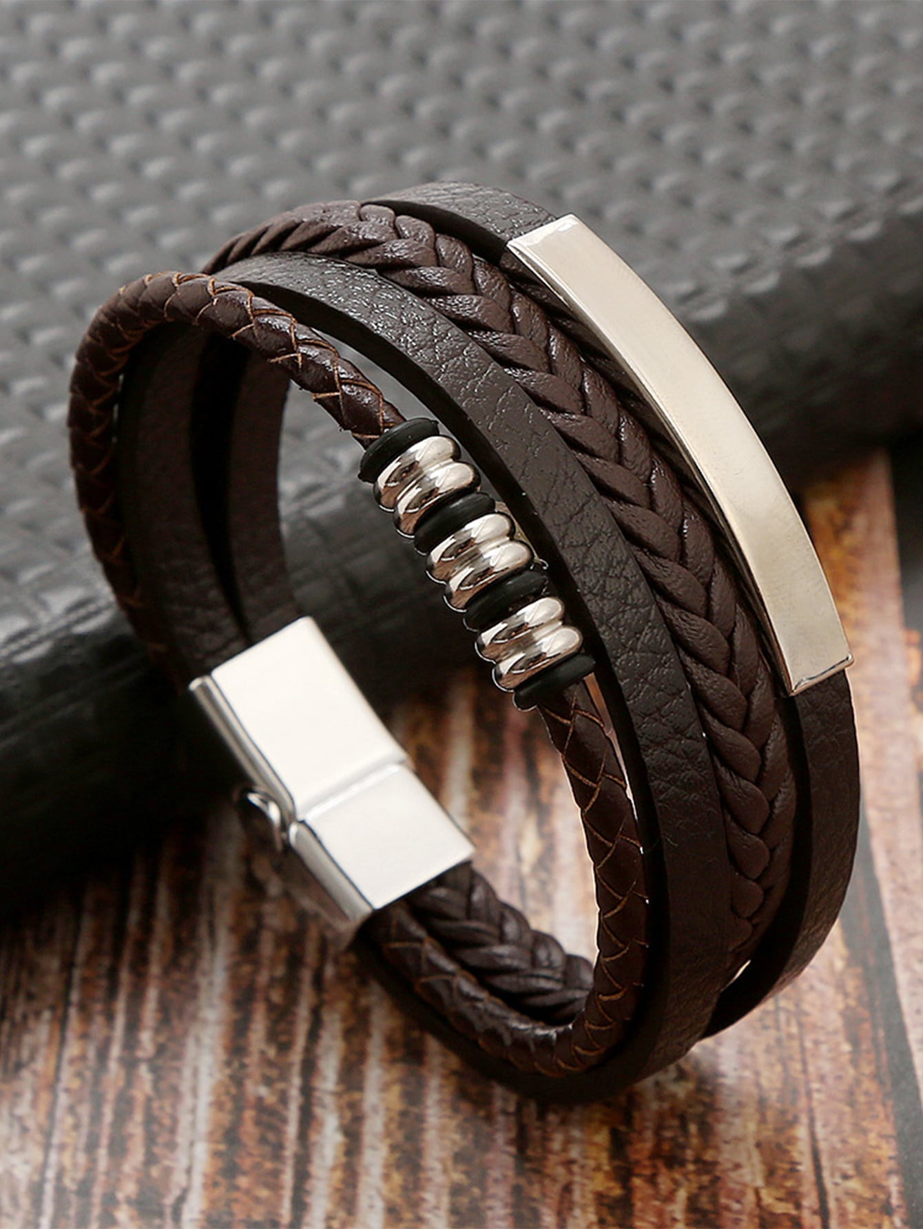 Pulsera trenzada a capas marron/chocolate con plateado